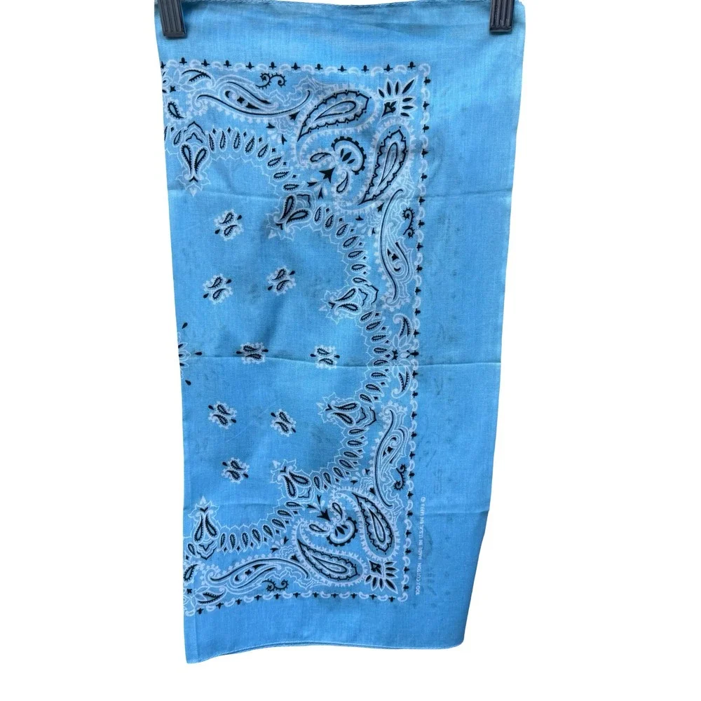 Vintage Blue Paisley Bandana Rockabilly Cotton Made in USA RN 14193 Square Scarf